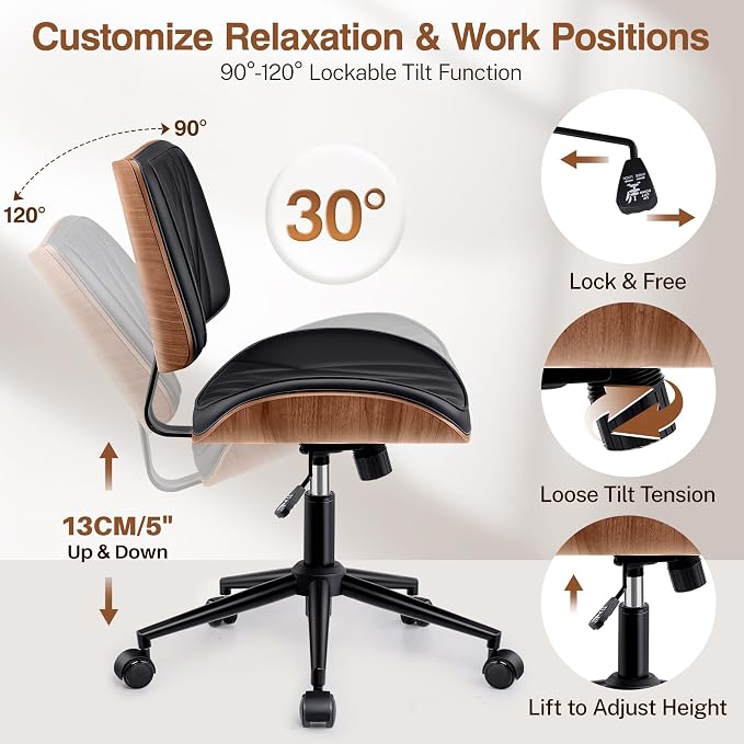 Ergonomic Armless Office Desk Chair - Mid-Century Modern Black Faux Leather with Diamond Stitch, Adjustable Height Swivel Rolling Task Computer Chair with Walnut Accent for Home Office, Study & Work - Image 5