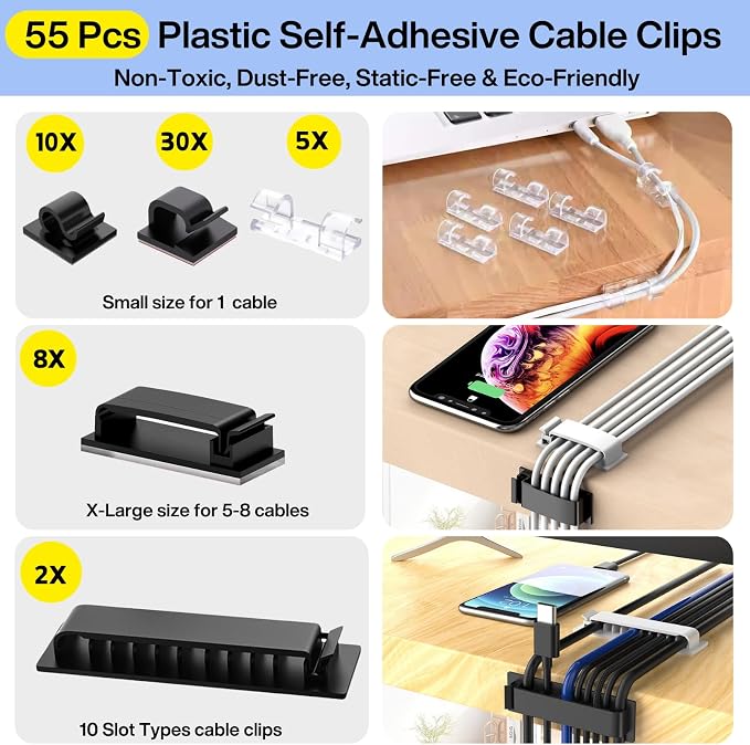 [313Pcs] Cable Management Kit, 67 Adhesive Cable Clips, Topavatop Desk Cord Organizer, 22 Reusable Cable Strap, 4 Cable Sleeve Split, 200 Nylon Cable Zip Ties with 20 Mounts for TV Office Home, Black - Image 2
