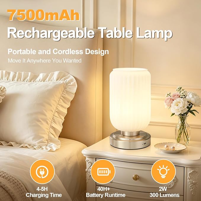 LightRound Cordless Table Lamp for Bedroom, Touch Stepless Dimmable | 7500mAh Rechargeable Battery, White Glass Shade, Nickel Gold Base, Bulb Included, Modern Wireless Lamp for Desk, Living Room - Image 2