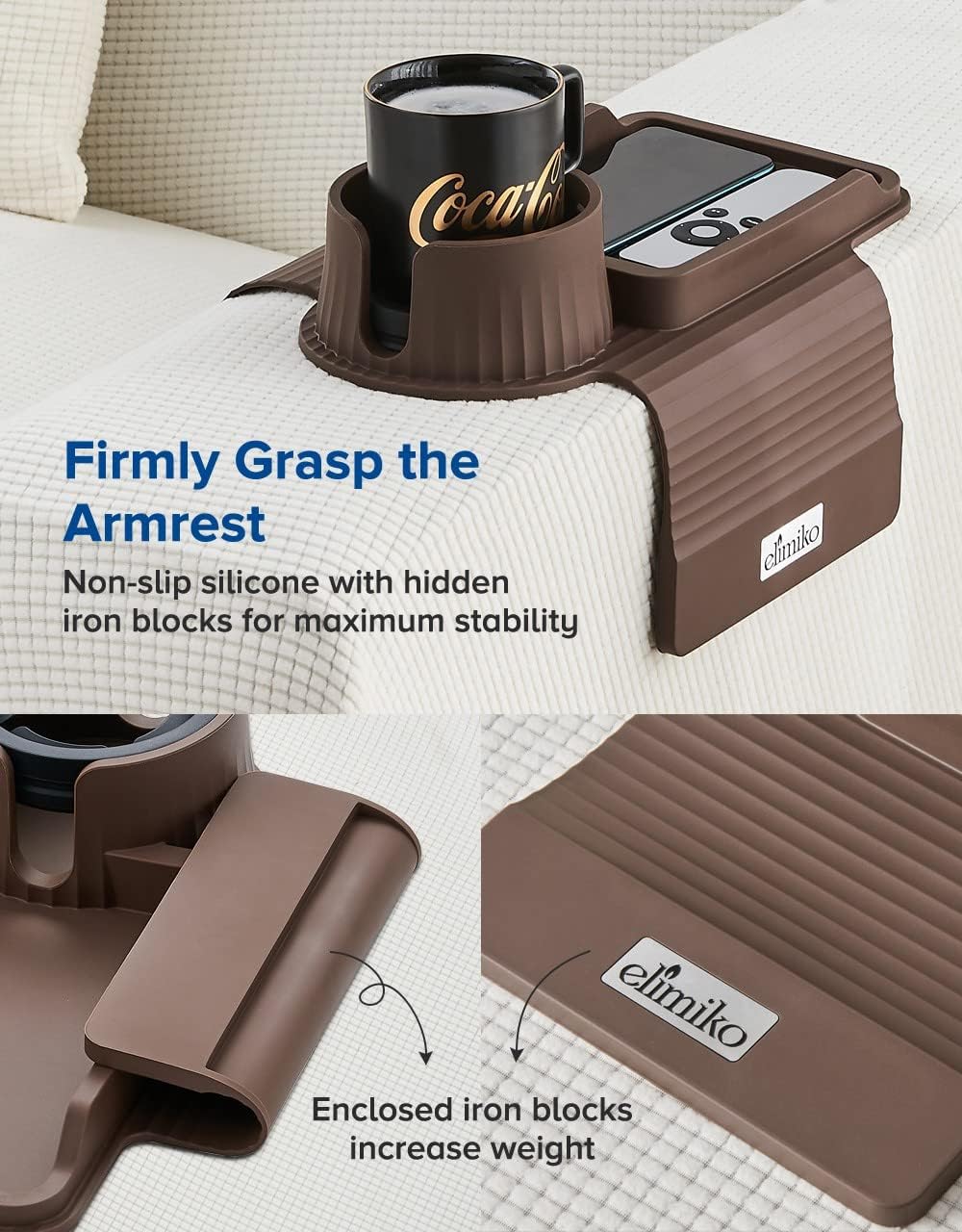 Couch Cup Holder Tray, Elimiko Silicone Sofa Drink Holder with Large Cup Holder and Tray, for Oversized Mugs/Long Remote/Snacks/Cellphone (Mocha Brown) - Image 5