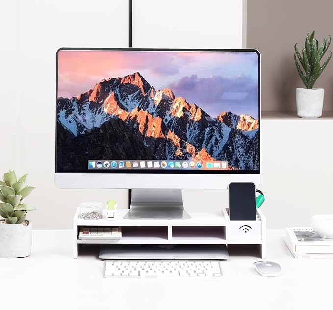 White MDF Monitor Stand Riser, Double Storage Laptop Riser Shelf (19" L x 8" W x 4.6" H) - Image 2