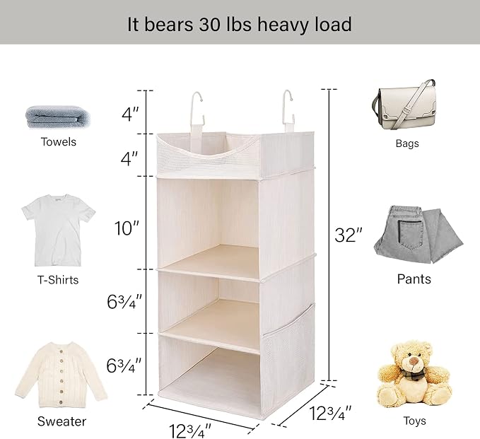 StorageWorks 3-Shelf Hanging Closet Organizer with Half Compartment, Ivory | Add More Storage to Small Closets with 3 Shelves, a Side Pocket and Half Compartment, Ideal for Bedrooms, Dorms and RVs. - Image 3