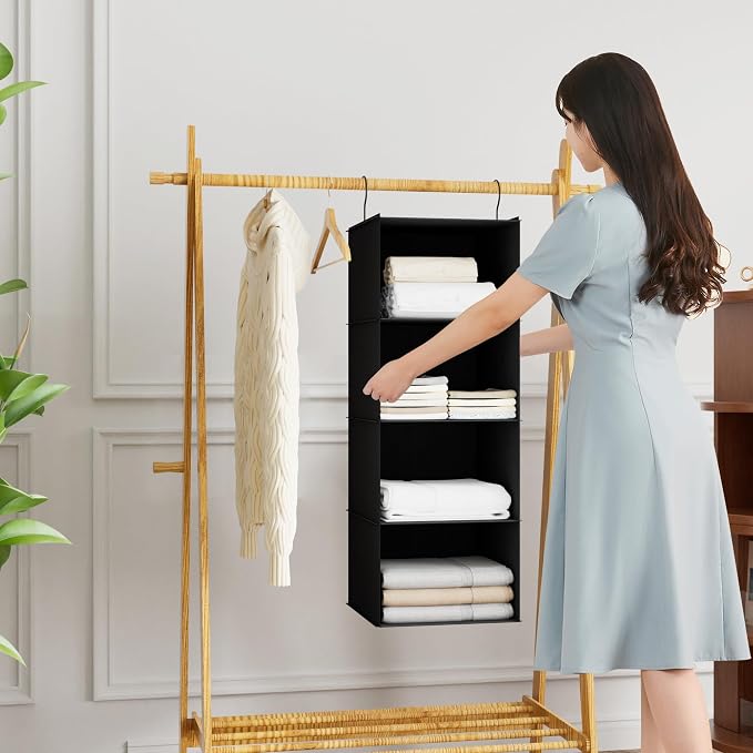 Hanging Closet Organizer 4-Shelf, Oxford Fabric Wardrobe Storage, Black | Easy-mount foldable design holds clothes, handbags, shoes & accessories; washable Oxford fabric, sturdy and space-saving. - Image 2