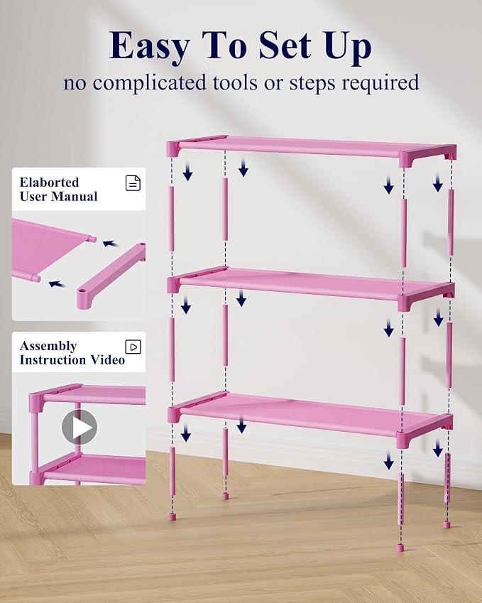 Kitsure Shoe Rack - Non-Woven Shoe Rack Shelf, 27.5" Wide - 3 Tier, Pink | Shoe Organizer for Closet, Entryway, Garage, Stackable Shoe Shelves, college dorm&apartment essentials - Image 3