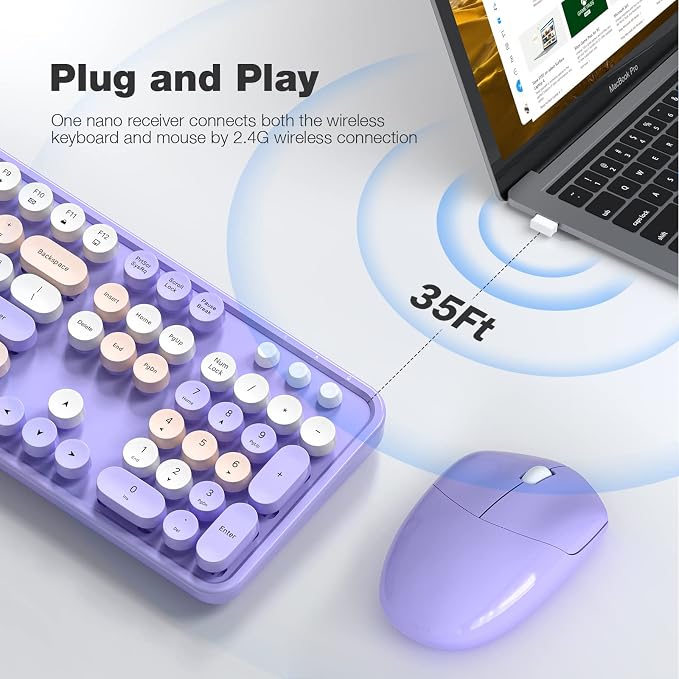 MOFII Wireless Keyboard and Mouse Combo Purple Colorful Full Size Round Key Typewriter Keyboards, 2.4G USB Keyboard Mice with 2-1 Nano Dongle for Computer Laptop PC Desktop Chromebook Smart TV - Image 2