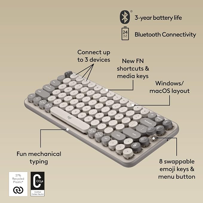 Logitech POP Keys + POP Mouse - Wireless Keyboard and Bluetooth Mouse Combo with Typewriter-Style Mechanical Keys, Emoji Features, Cute Compact Design - Mist - Image 6