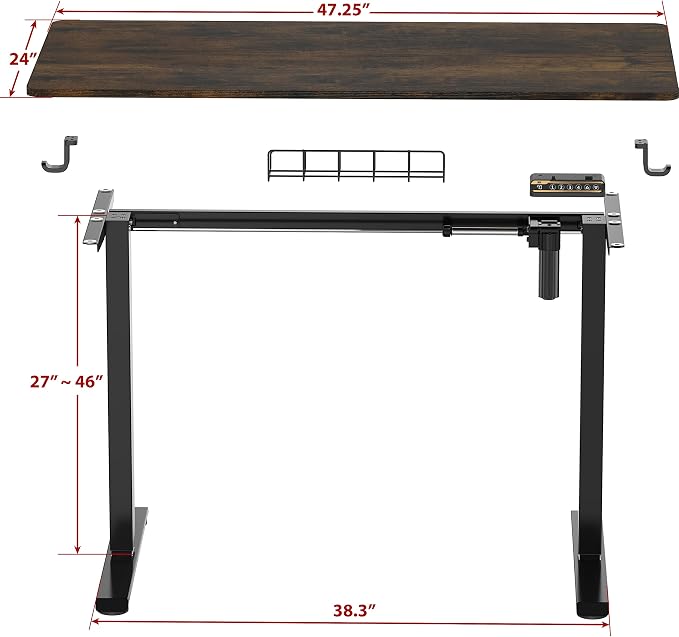 SHW 48-Inch Electric Height Adjustable Sit to Stand Desk, Rustic Brown | with Hanging Hooks and Cable Management, Black Frame and Rustic Brown Top - Image 6
