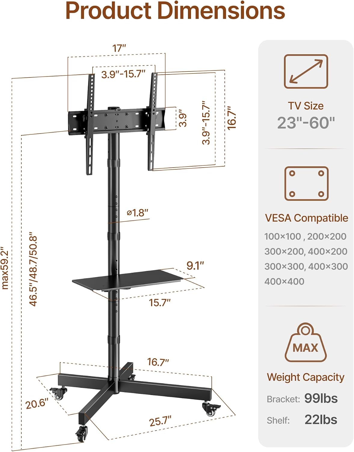 Heavy-Duty Rolling TV Stand for 23-60" TVs, 121 lbs - Image 9