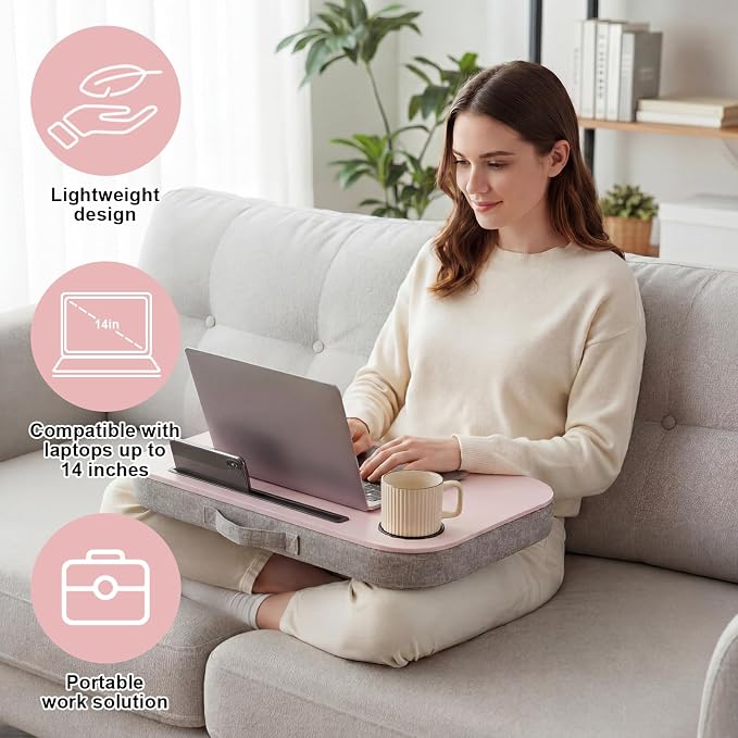 Lewtemi Pink Laptop Lap Desk with Cushion Cup Holder and Stopper Padded and Phone Holder Couch Bed Sofa Fits up to 15.6 Inch Portable Lap Desk for Home Office Study Writing - Image 4