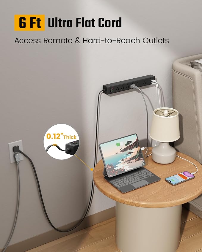 SUPERDANNY 6Ft Thin Extension Cord, Flat Plug Surge Protector Power Strip | Charging Station with 6 Outlets & 3 USB Ports, Wall Mountable Outlet Extender for Home, Office, College Dorm Room Essentials - Image 2
