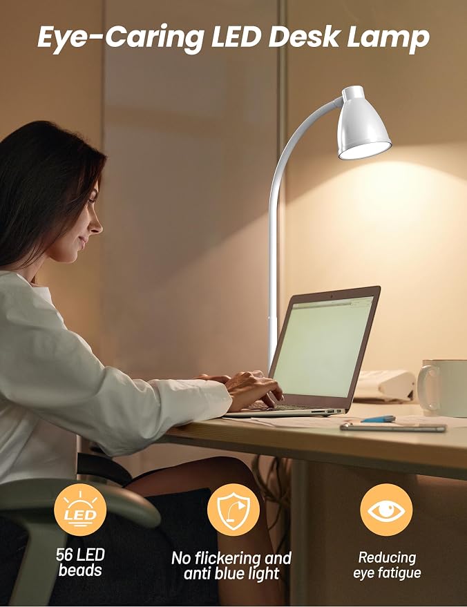 BOHON LED Desk Lamp with USB Charging Port, 3 Color Modes Dimmable, White | Reading Lamp, Auto Dimming Task Lamp, Flexible Neck Table Light for Dorm Bedside, Adapter Include - Image 3