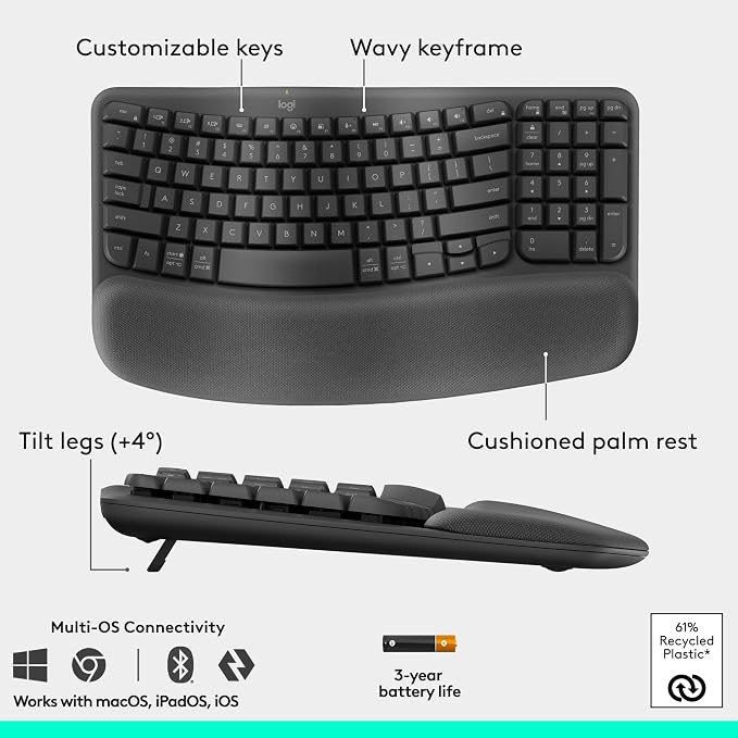 Logitech Wave Keys Keyboard & Lift Mouse Ergonomic Combo - Graphite | Cushioned palm rest, Easy-Switch technology, wireless Bluetooth, multi-OS compatible with Windows and Mac - Image 6