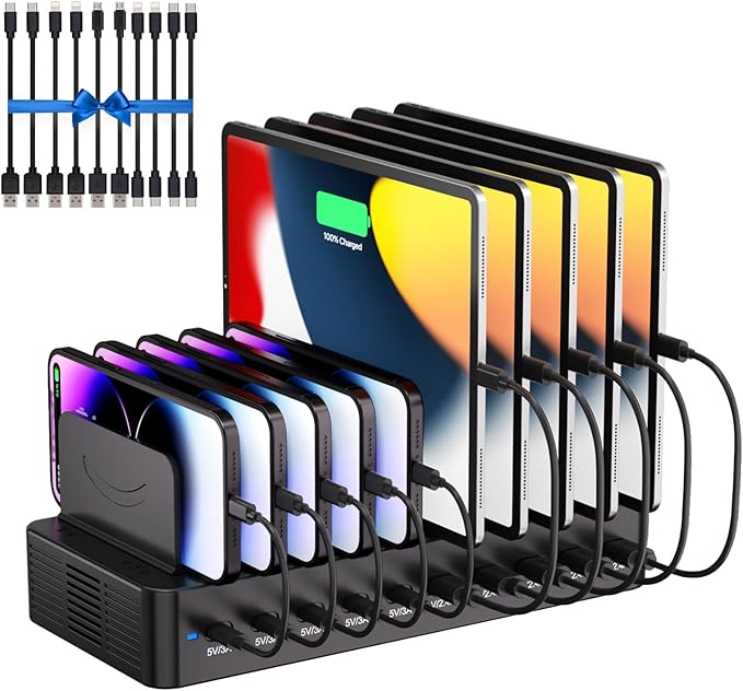 100W Charging Station for Multiple Devices, 10-Port USB Fast Charger, Black | with Adjustable Dividers & 10 Cables- Multi Device Organizer Charging Dock for iPhone, iPad, Tablets & More by HomePage