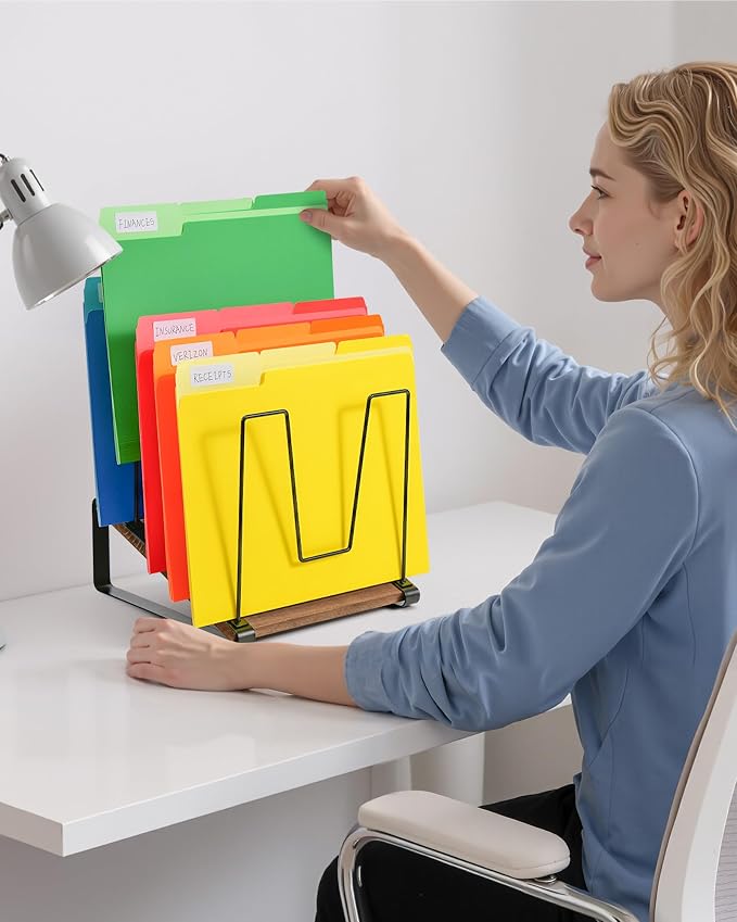 HULISEN 2 Pack Desk File Organizer, 5-Section Desktop File Folder Holder | Visible Tiered Design, Metal Rack with Wood Base, Vertical Storage for Binders Documents & Magazines, Classroom Office Use - Image 2