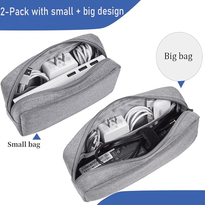 CAAORDKSO 2PCS Electronics Organizer Travel Case, Electronic Accessories Bag, Waterproof Accessories Storage Pouch for Power Bank, Cable, Cord, Charger, Mouse, Various Accessories (Small+Big-Gray) - Image 3