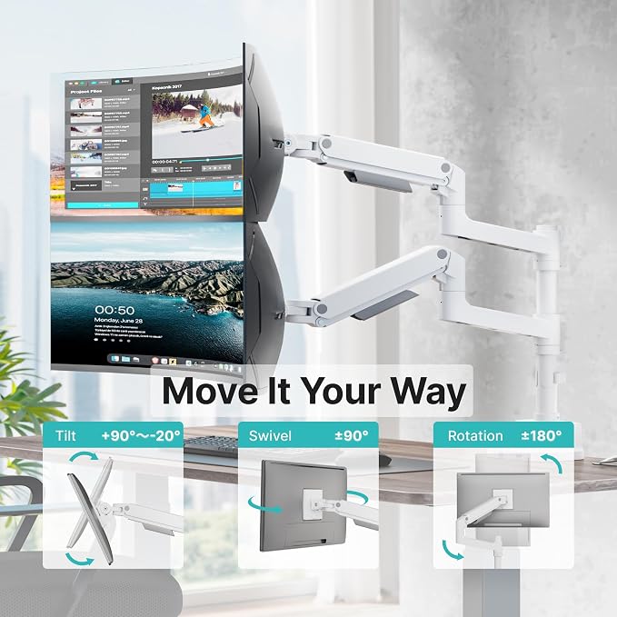 Dual Monitor Arm for 17”-49“Ultrawide Monitors, White | Heavy Duty Dual Monitor Mount Holds 44 lbs - Image 4