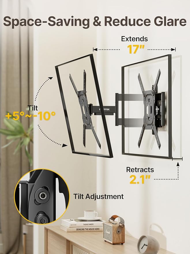 monTEK Full Motion TV Wall Mount Bracket for 23-65 Inch TVs up to 77 lb | Single-stud articulating arm extends 17 in; corner mount, swivel, tilt, retracts to 2.08 in, 4X load tested, VESA 400x400 mm - Image 6