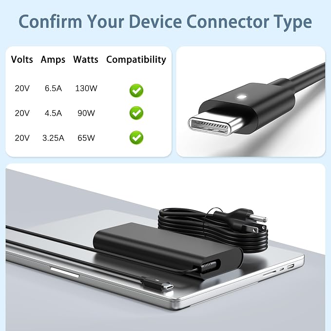 130W USB C Laptop Charger Compatible with Dell XPS 15 9575 2-in-1, Precision 5570 5560 5550 5530 5760 5750 3560, Latitude 7410 7310 7210 9410 9510 9575 5420 5520 5510 Type C Adapter Power Cord - Image 3