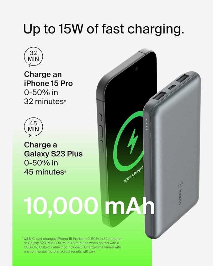 Belkin 10000mAh 15W 3 Port Power Bank, USB A to USB C Cable Included | Fast Charging, iPhone 17, Samsung Galaxy, Pixel, Airpods, iPad, Nintendo Switch 2, Battery Pack, USB C Port, USB A Port - Image 6