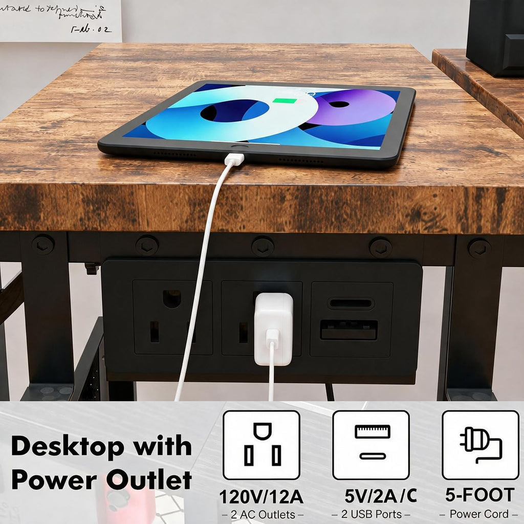 Adjustable Computer Tower Stand with Charging Station & Pegboard,Brown - Image 6