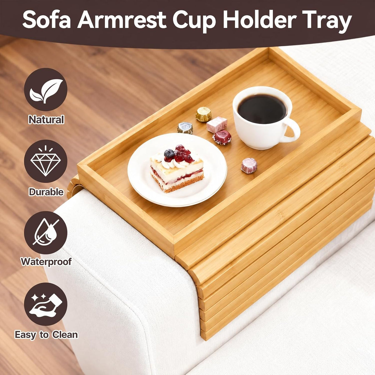 Bamboo Couch Arm Tray, Foldable Sofa Tray Table for Couch, Anti-Falling Sofa Cup Holder, Portable Sofa Arm Chair Table for Drink,Cups, Eats，Snacks, Phone, Remote, Natural - Image 2