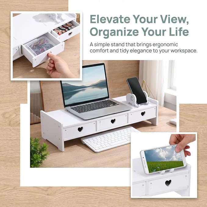 Tofficu Computer Monitor Riser with Drawer White Desk Shelf for Monitor and Keyboard Storage Rack Office Desk Organizer for Laptop Stand Riser for Home Office - Image 5
