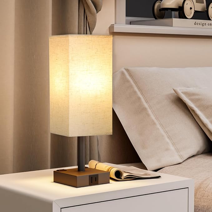 Beige Touch Table Lamp for Bedroom - Dimmable, USB C+A, 2 AC Outlets | 3-Way Dimming, 3000K Bulb Included, Square Beige Lampshade and Black Base, Desk Lamp for Nightstand, Living Room, Dorm - Image 6