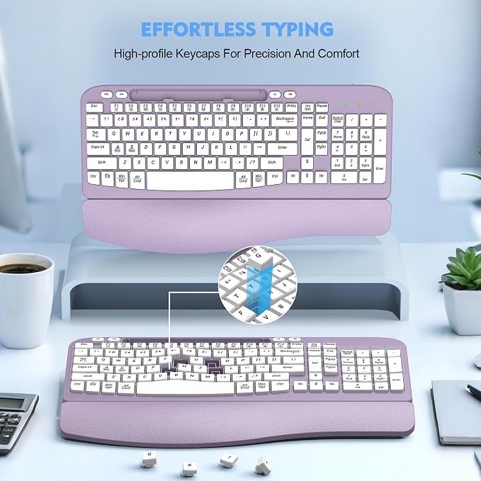 EAYBLLY 2.4G Wireless Ergonomic Keyboard, Full Size Wave Keys with Memory Foam Wrist Rest & 7.28in Phone Holder, USB-C Adapter Included for Windows Mac Chrome OS, Office or Home (Purple) - Image 8
