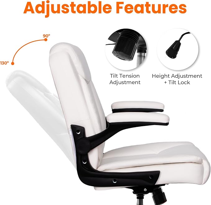 NEO CHAIR PU Leather Office Desk Chair with Adjustable Arms, White | Ergonomic Mid Back Computer Desk Chair Comfy with Wheels Swivel Rolling for Home Office Gaming Study - Image 6