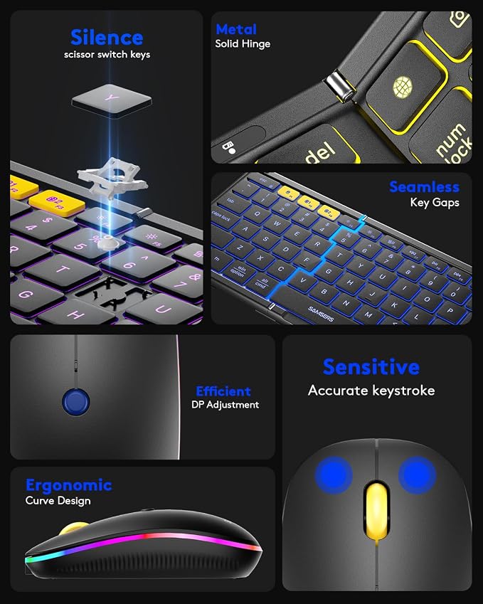 Foldable Keyboard and Mouse, Samsers Folding Bluetooth Keyboard Combo, 2.4G + BT5.0 x 2, Full-Size Portable Travel Keyboard & Rechargeable Wireless Mouse for Windows Android iOS Mac OS, Black - Image 9