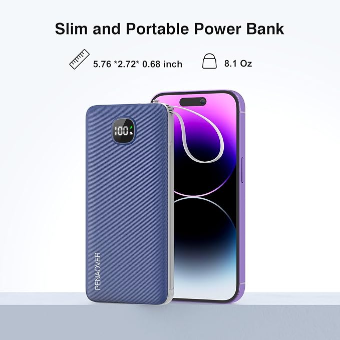 Portable Charger 10000mAh 22.5W Power Bank,Built-in 3 Cables & AC Wall Plug | Fast Charging, 0.68in Ultra Slim,Charge 5 Devices,TSA Approved Travel Essential Battery Pack for iPhone/Samsung/Android - Image 7