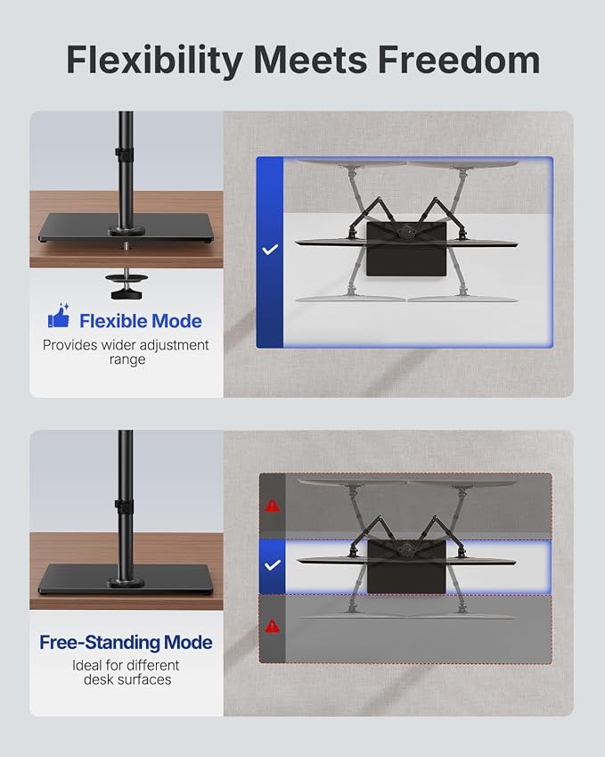 HUANUO Free Standing Dual Monitor Stand for 13-32 Inch Monitors, Glass Base | Free Standing Base, Two Setup Options, Adjustable Dual Arms, 22 lbs per Arm, VESA 75x75/100x100mm, Easy Portrait Rotation - Image 6