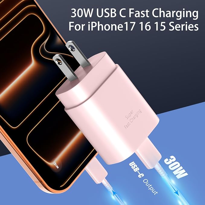 Phone 17 16 15 Charger Fast Charging,30W USB C Phone 17 16 15 Pro Max Charger Block &10FT Long Type C Cable Cord for i.Phone 17/17 Air/17 Pro/17 Pro Max/16/16 Plus/16 Pro/16 Pro Max/15/15 Pro Max,Pink - Image 2