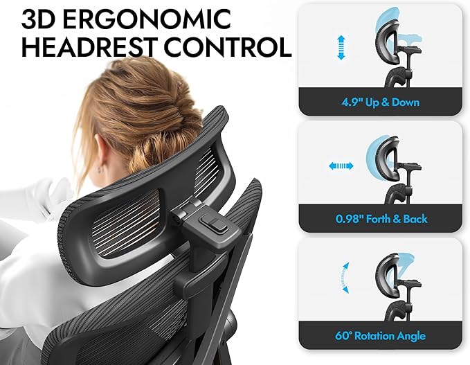 Ergonomic Office Chair: Mesh Desk Chair Comfy with Headrest& Lumbar Support | Ergalithic Big and Tall Office Chairs with Wheels & Flip-Up Arms-Computer Gaming Chairs for Adults Home Office (Full Black) - Image 3