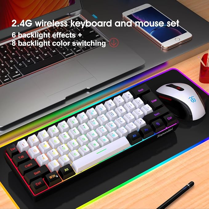 Snpurdiri 2.4G 60% Wireless Gaming Keyboard and Mouse Combo, Black-White | Include Mini 60% Gaming RGB Backlit Keyboard, Ergonomic Vertical Feel Small Wireless Mouse - Image 7