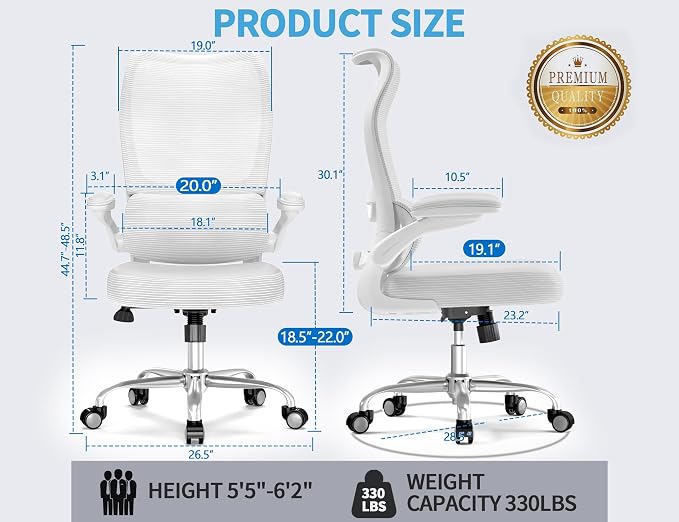 TRALT Office Chair Ergonomic Desk Chair - Gaming Chair with Lumbar Support | 330 LBS Home Office Desk Chairs , Reading Chair with Flip-up Armrests, Comfortable Computer Chairs (1, White) - Image 2