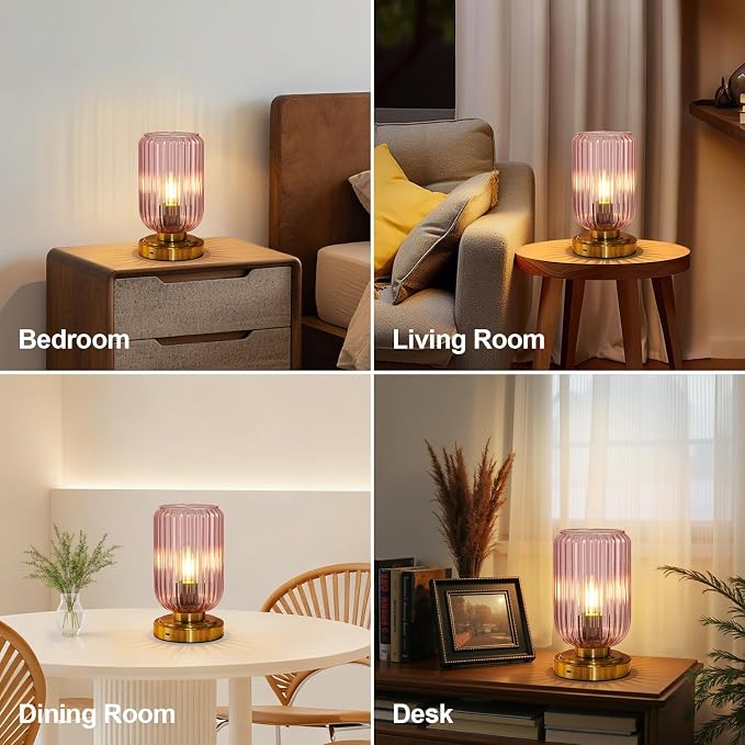 LightRound Cordless Table Lamp for Bedroom, Touch Stepless Dimmable | 7500mAh Rechargeable Battery, Pink Glass Shade, Brushed Gold Base, Bulb Included, Modern Wireless Lamp for Desk, Living Room - Image 8