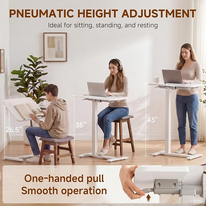 GTPLAYER Pneumatic Adjustable Standing Desk, 28 Inch Tiltable Mobile Rolling Laptop Table with Wheels, Overbed Bedside Table Computer Workstation for Home Office, White - Image 3