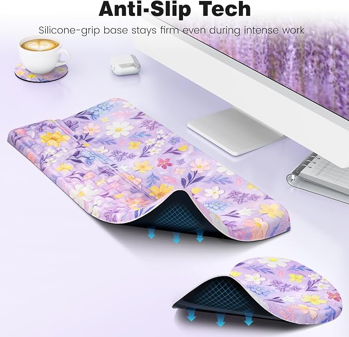 Ospelelf Keyboard Wrist Rest and Mouse Pad Set, Ergonomic Memory Foam Wrist Support, Aesthetic Desk Accessories for Office, Home & Gaming, Relief for Carpal Tunnel & Wrist Pain, Purple Floral - Image 7