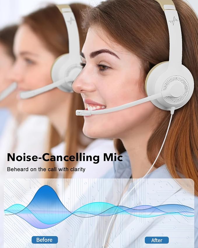 JIAMQISHI USB Headset with Microphone for PC, On-Ear Computer Laptop Headphones with Noise Cancelling Mic in-line Control for Home Office Online Class Zoom (USB+3.5mm, White) - Image 2