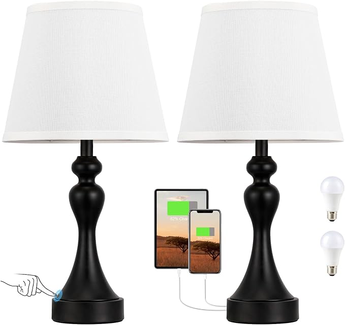 Touch Lamps for Nightstand, 3 Way Dimmable Bedside Lamps with USB C+A Ports | Touch Control, LED Bulb Included, Small Black Table Lamp for Bedroom, Night Stands, End Table, Gift，Corded，White Shade - Image 8