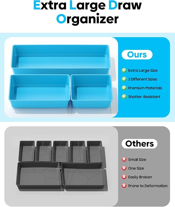 10 Pack Large Size Plastic Drawer Organizers Set, 3 Sizes Desk Drawer Organizer Trays, Storage Bins for Vanity, Makeup, Bathroom, Kitchen Utensils and Office (Blue) - Image 3
