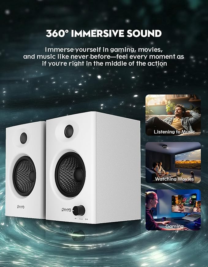 OHAYO 60W Computer Speakers for Gaming and Music, Active Bluetooth 5.3, Stereo 2.0 Speakers for Desktop PC Monitor or Laptop, Surround Sound Speaker, 3.5 mm Aux RCA Input, USB-Powered, 1 Pair, White - Image 5