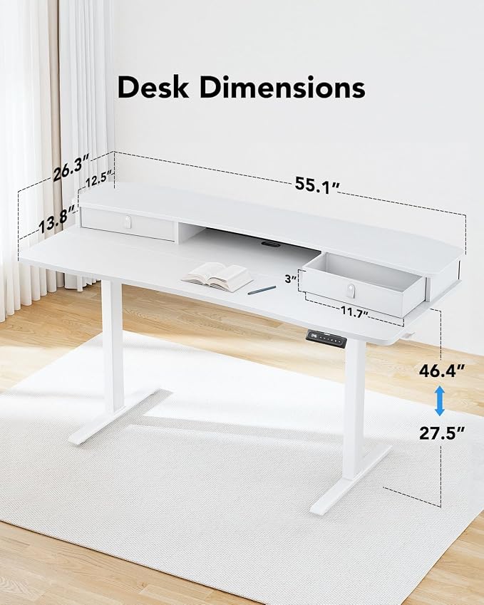 HUANUO 55″ x 26″ Electric Standing Desk with 2 Drawers, C-Clamp Mount Compatible, Height Adjustable Computer Desk, Home Office Stand Up Desk with 4 Preset Heights & 2 Hooks, White - Image 3