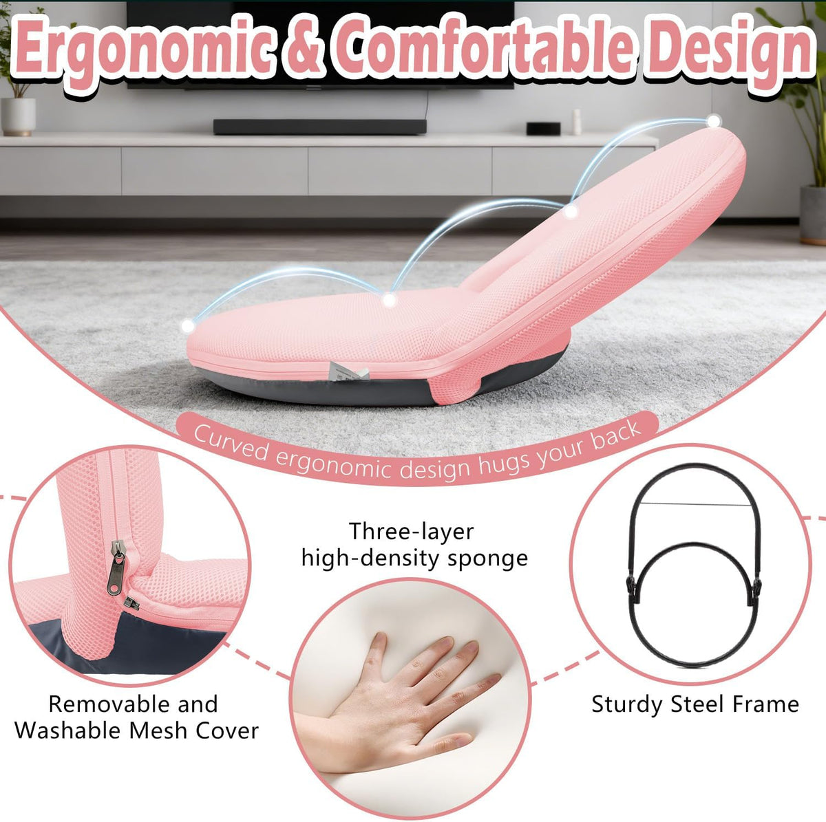 Floor Chair Floor Cushion Folding Padded Gaming Chair Adjustable 5-Position Floor Seat with Back Support for Kids Adult Great for Gaming Reading Meditating - Image 4