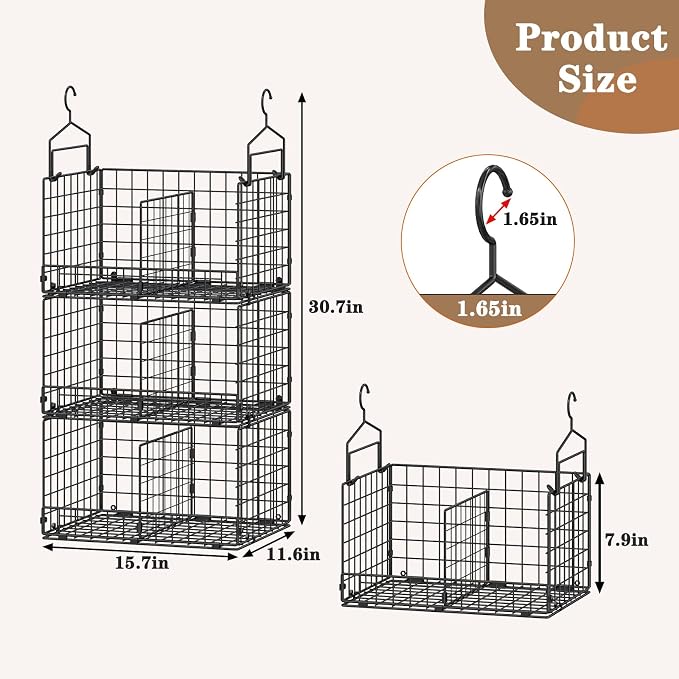 Sonyabecca 3-Tier Extra Large Closet Hanging Organizer with Dividers, Clothes Hanging Shelves with 2 Hanging Hooks & 5 S-Hooks, Wire Storage Baskets for Sweaters, Shoes, Handbags & Accessories - Image 2