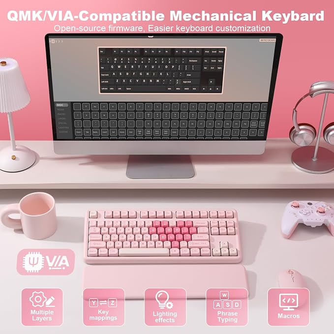 YUNZII B87 TKL Wireless Mechanical Keyboard (Pink, Milk Switch) | QMK/VIA, Wrist Rest, CreamyTyping, Cute MOA Keycaps, Gasket Mount, Hot Swap, RGB Backlit, NKRO, BT/2.4G/USB-C, for Win/Mac - Image 5
