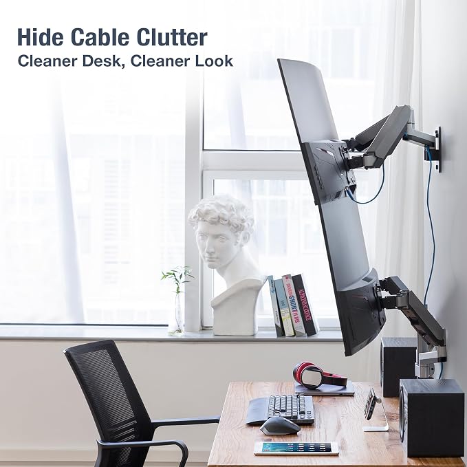 AVLT Dual Monitor Arm Wall Mount for 13-32" Screens, Full Motion - Silver | Supports flat/curved screens up to 17.6 lbs each. Smooth gas spring, VESA 75x75/100x100 and clean cable routing - Image 6