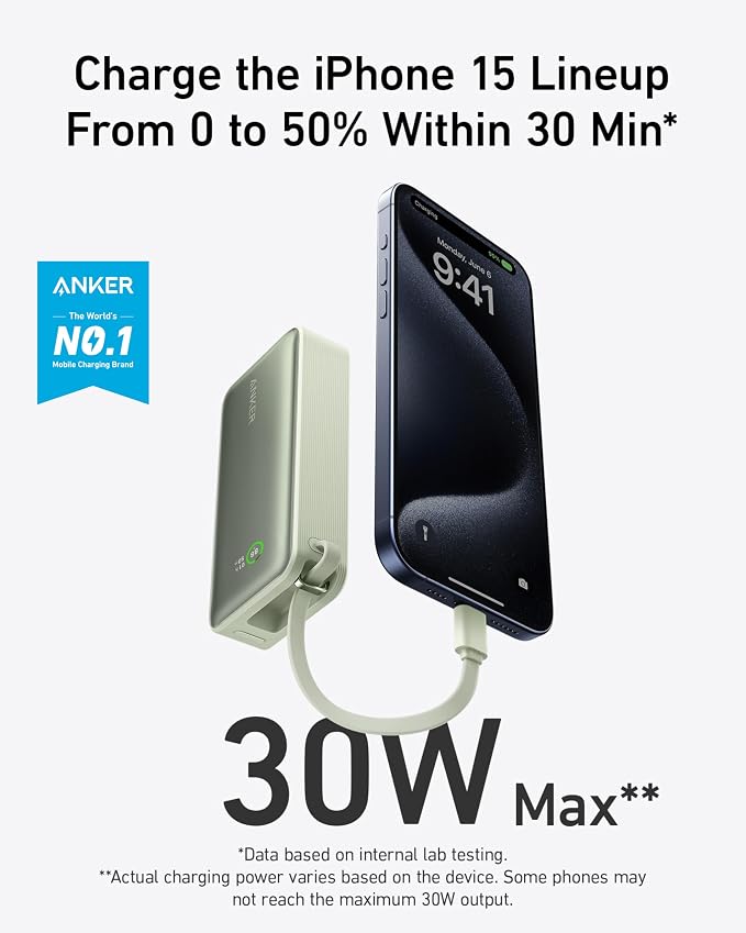 Anker Nano Power Bank,10,000mAh 30W Portable Charger,Built-in USB-C Cable | 30W Recharging and Output, USB-C and USB-A Ports, for iPhone 17 / 16 / 15 Series, MacBook, Galaxy, AirPods, and More - Image 2
