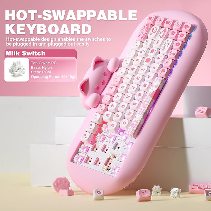 YUNZII C68 Silicone Cute Cat Mechanical Keyboard (Pink, Milk Switch) | Wireless Triple Mode BT5.0/2.4G/Wired, RGB Backlit NKRO, Cute Cat Silicone Ergonomic Design for Win/Mac - Image 6